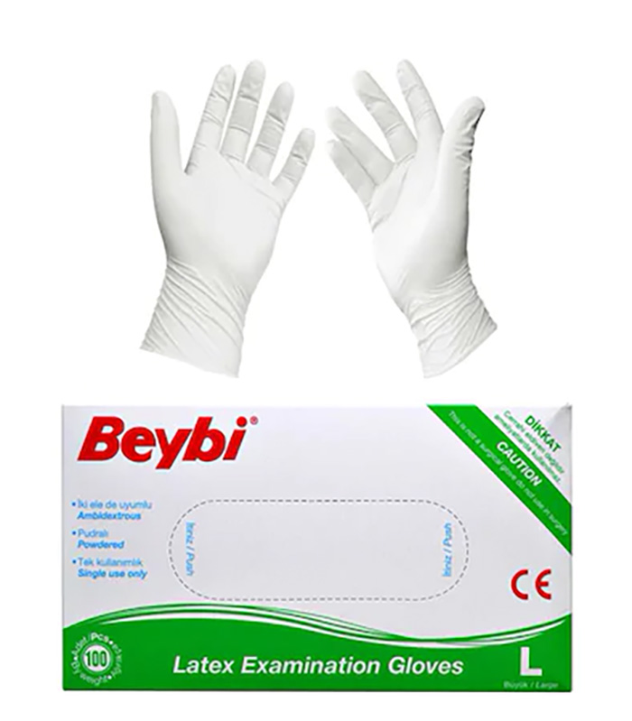 Beybi Lateks Eldiven Pudralı Muayene Eldiveni 100' lü Paket - Large (L Beden) Beybi Lateks Eldiven Pudralı Muayene Eldiveni 100' lü Paket - Large (L Beden)
